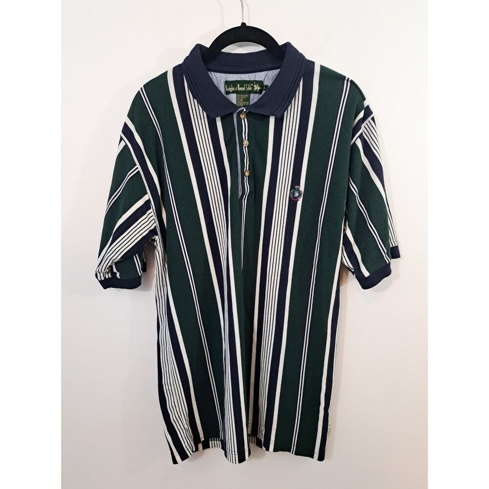 Knights Of The Round Table Polo Shirt Mens Large Blue Green Striped Short Sleeve